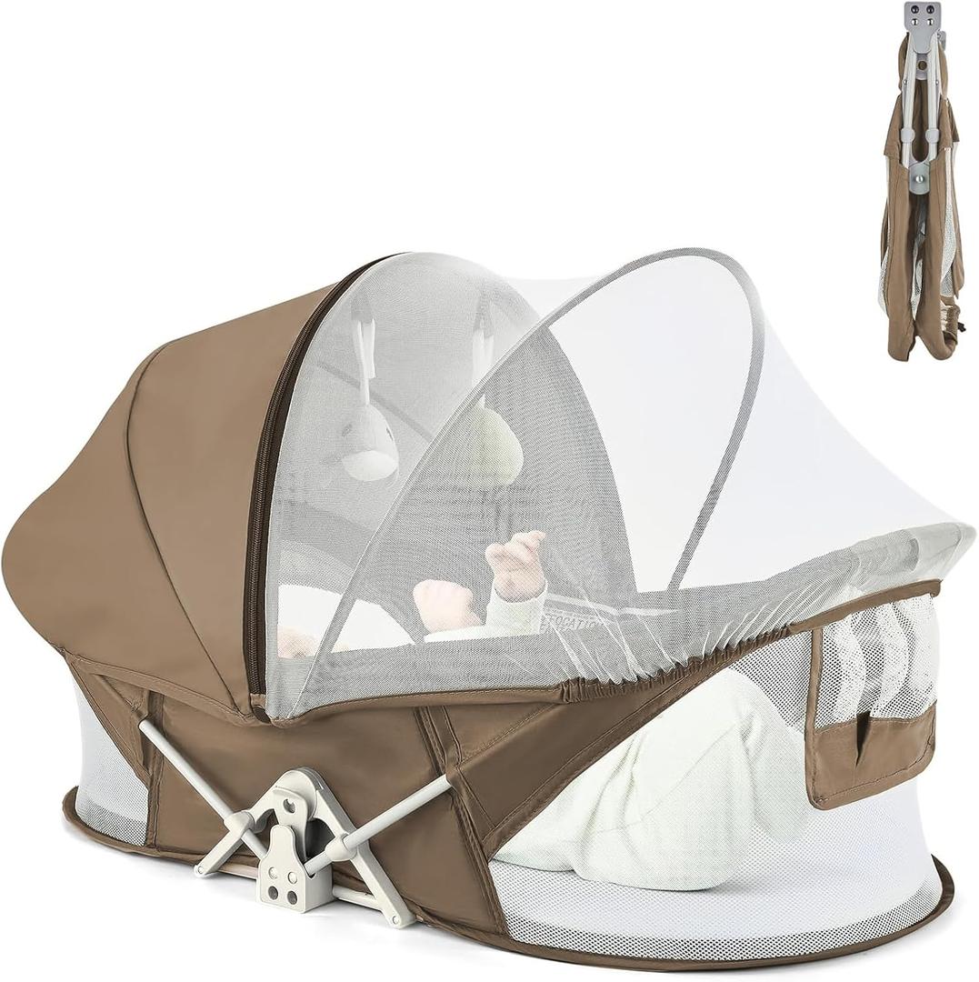 Portable Baby Bassinet Travel Baby Bed, Baby Cribs Travel Pod for Outdoors Baby Lounger Infant Travel Bed with Mosquito Net and Sunshade Canopy, Lightweight Washable (Brown)