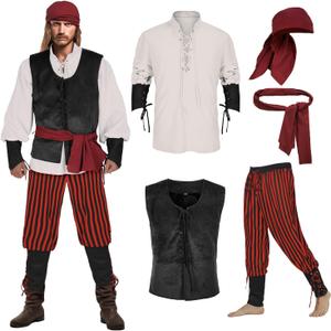 Men's Pirate Costume 5 Pcs Medieval Renaissance Outfits Halloween Viking Set (3X-Large, Z3601bk)