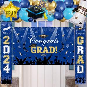 Blue and Gold Graduation Decorations 2024 - Congrats Grad Backdrop, Class of 2024 Porch Sign Banner for High School College Prom Send Off Party Supplies