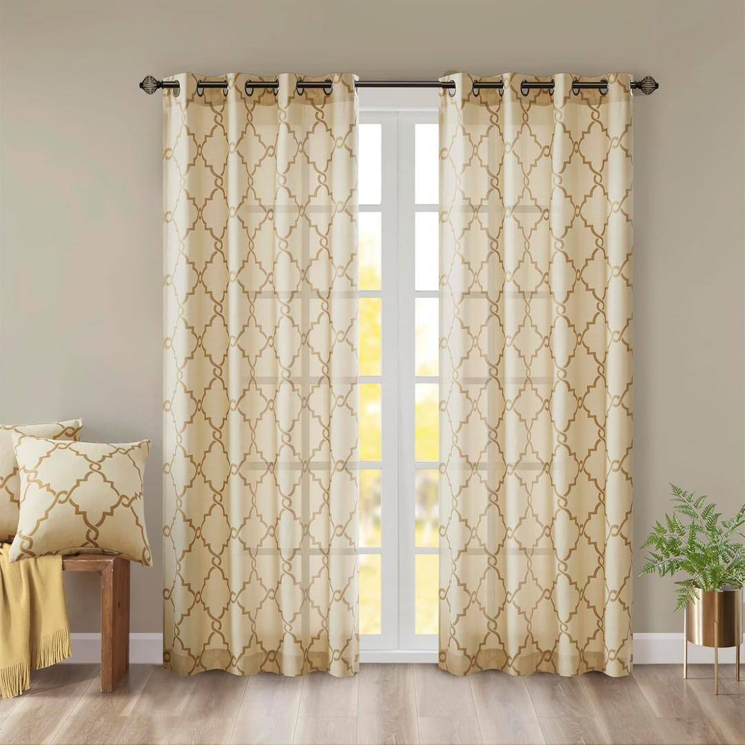 Madison Park Saratoga Single Window Curtain Light Filtering Fretwork Print 1 Panel Grommet Top Drape for Living Room Bedroom and Dorm, 50x95, Beige/Gold
