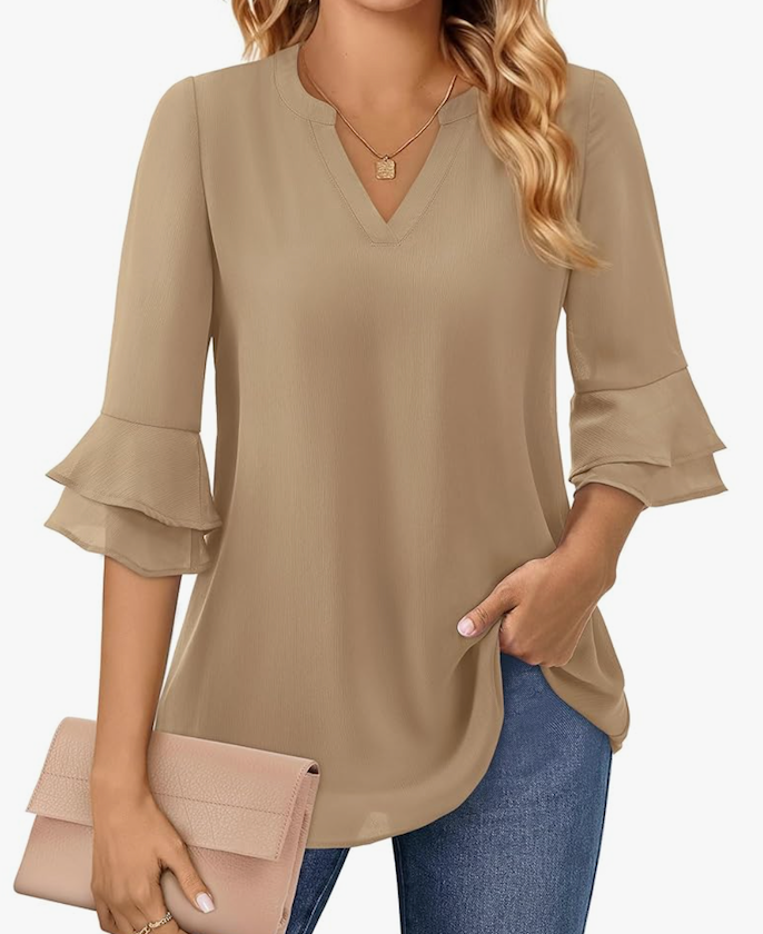 Flutter 3/4 Length Sleeve Womens Tops Dressy Casual Chiffon Blouse Double Layer Business Work Tunic Shirts, L