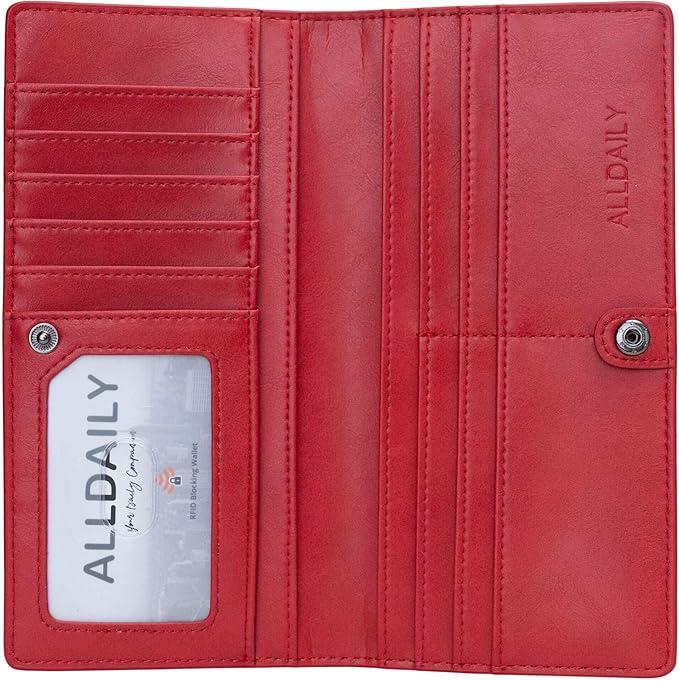 Alldaily Ultra Slim Thin Women Wallet RFID Blocking Credit Card Holder Bifold Long Ladies Billfold (Red)