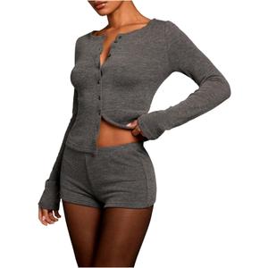 SHENHE Women's Y2k Outfits Shorts Set 2 Piece Button Up Long Sleeve Knit Shirt Mini Shorts Set (Medium, Grey)