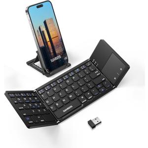 Samsers Multi-Device Foldable Bluetooth Keyboard with Touchpad, Rechargeable Dual-Mode(2.4G+BTx2) Wireless Keyboard with Holder, Portable Folding Keyboards for Android Windows iOS Mac OS - Black