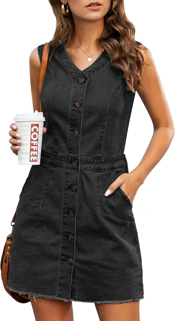 LookbookStore Women Sleeveless V Neck Button Down Frayed Hem Short Denim Dress (Medium, Black)