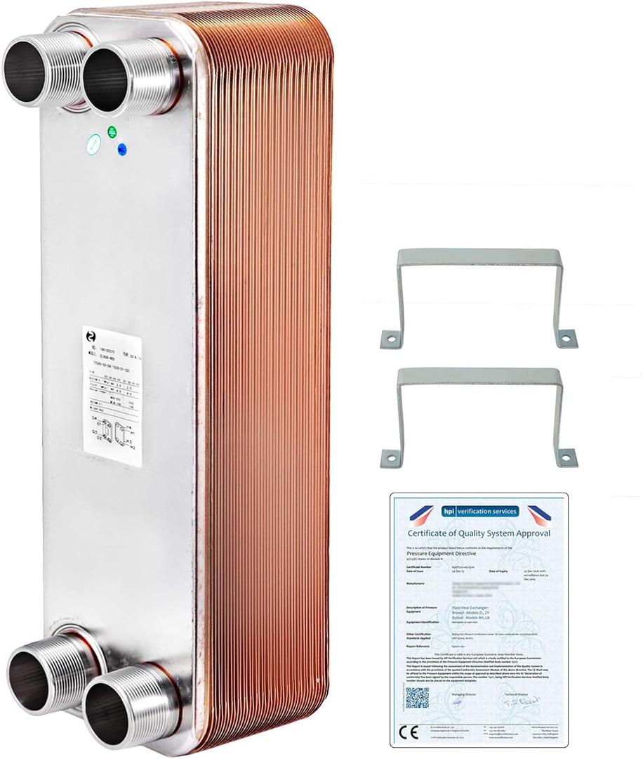 BestEquip Heat Exchanger 3"x7.5" 40 Plates Brazed Plate Heat Exchanger 316L 3/4" MPT Heat Exchanger B3-12A Beer Wort Chiller for Hydronic Heating