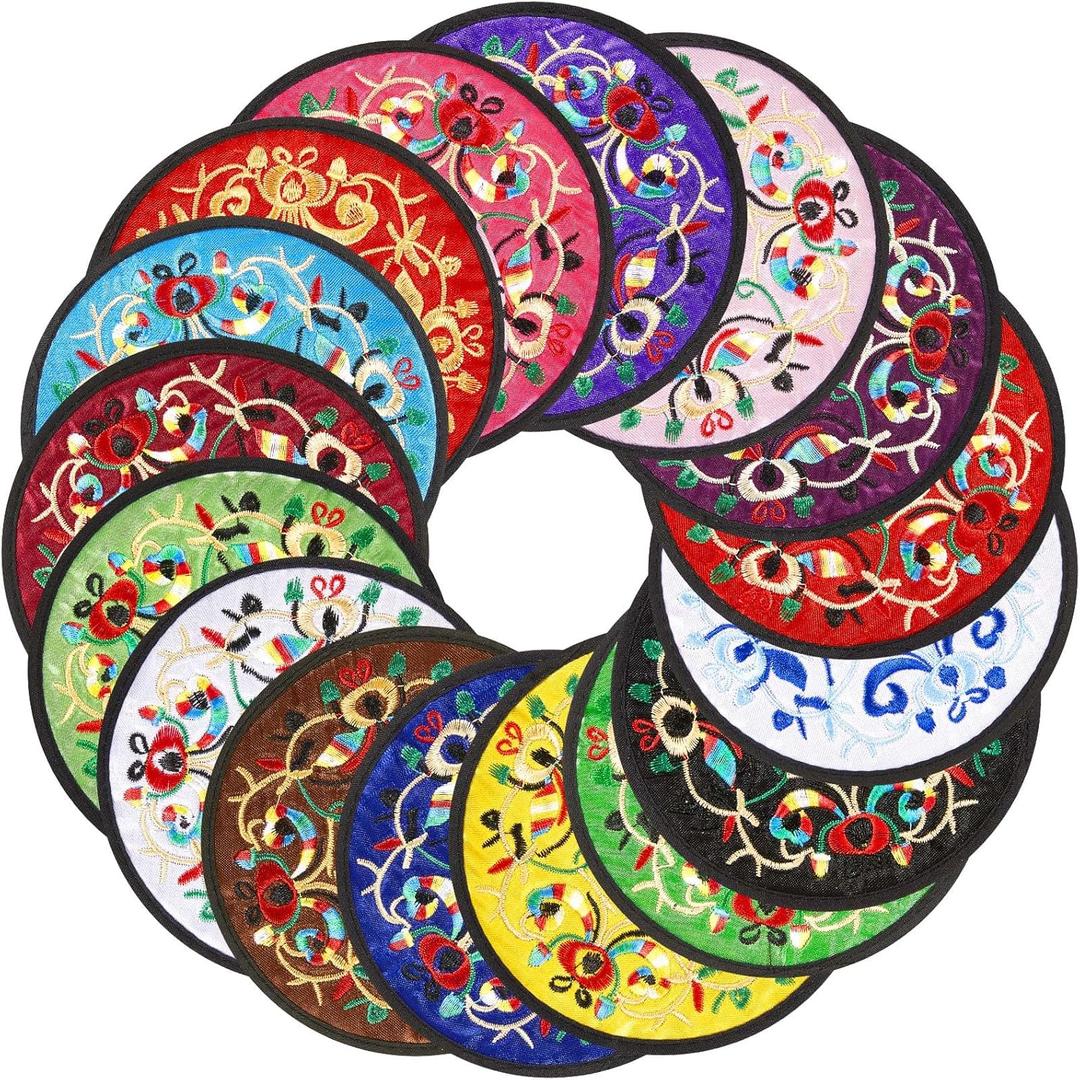 Boao 48 Pcs Embroidery Fabric Coasters 5.12 Inch Round Vintage Boho Mexican Ethnic Floral Thick Silk Cloth Absorbent Non-Scratch Cup Mats for Home Decor Housewarming Gift, Mixed Colors