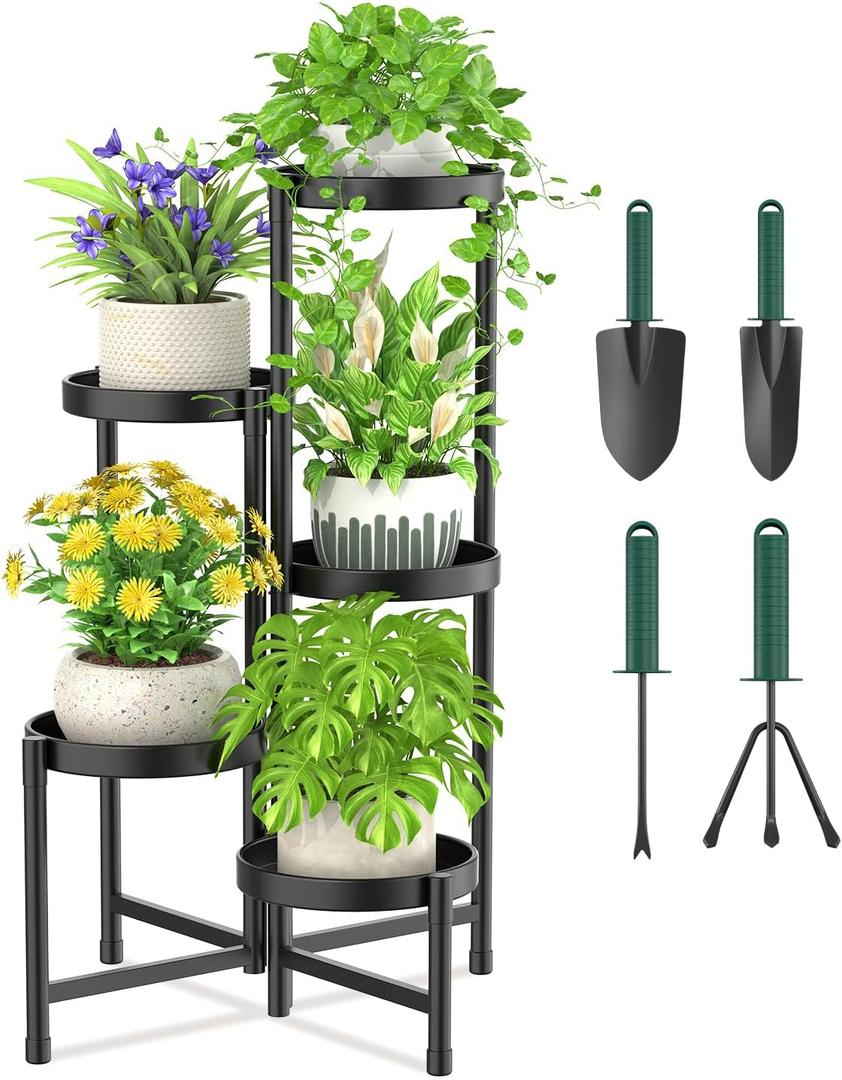 iDavosic.ly Plant Stand with Garden Tools, 5 Tier Corner Metal Flower Display Holder Shelf Indoor Outdoor, Easy Assembly Folding Tall Orchid Rack for Patio Balcony Porch Living Room House, Black iDavosic.ly Plant Stand with Garden Tools, 5 Tier Corner Metal Flower Display Holder Shelf Indoor Outdoor, Easy Assembly Folding Tall Orchid Rack for Patio Balcony Porch Living Room House, Black