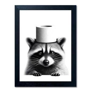 Funny Bathroom Decor Wall Art, Cute Raccoon Toilet Paper Roll Canvas Wall Decor, Humor Farmhouse Animal Wall Art, Black and White Wall Art Decor, Modern Black Frame Canvas Prints Ready to Hang 16"x20"