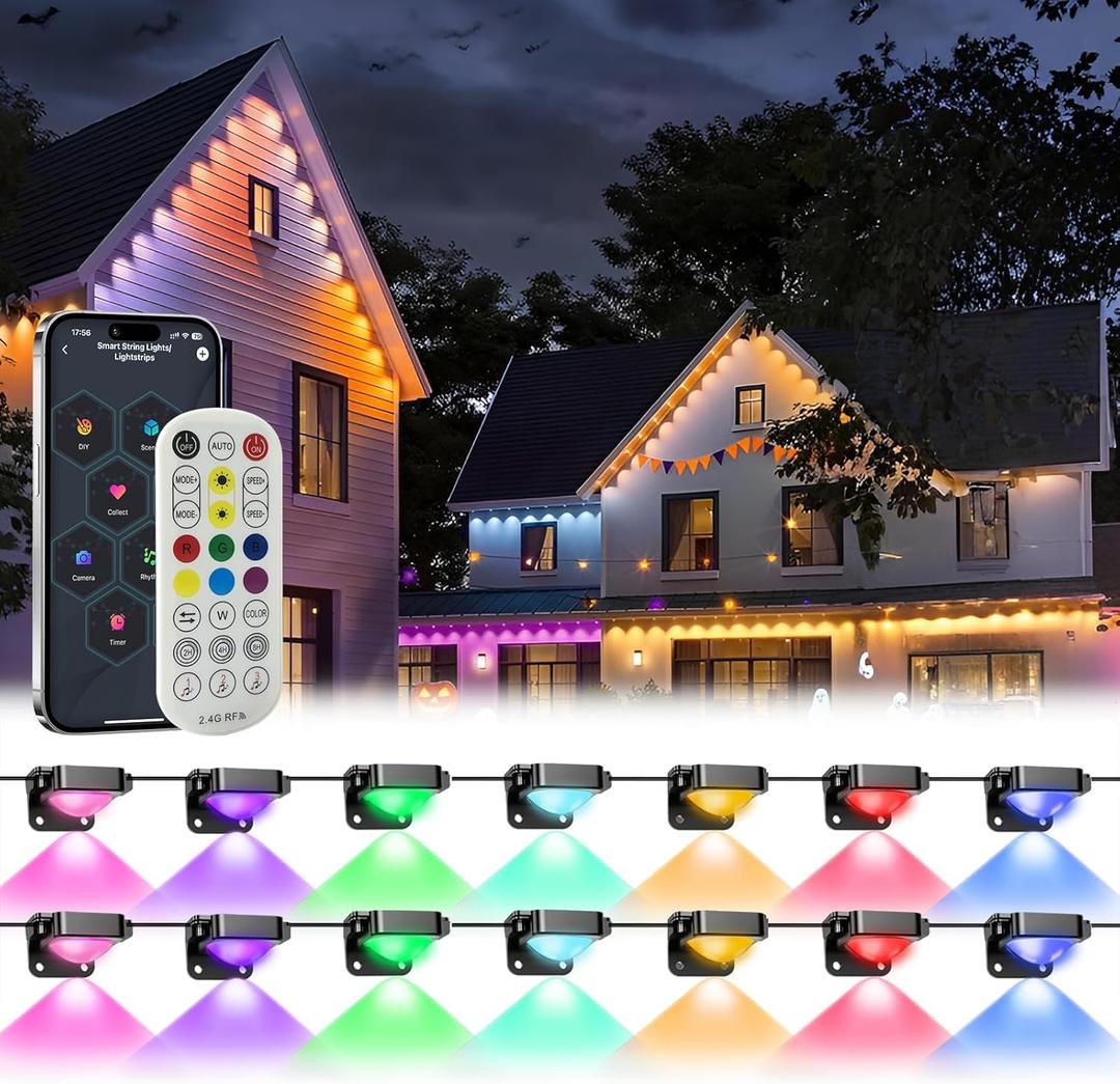 MIMIRGB Permanent Outdoor Lights Pro,150ft with 90 LED RGB IC Smart Eave Light for Outdoor Decorations,IP67 Waterproof with Remote/App Control,DIY LED Scenes Modes for House Roof Decor, Black