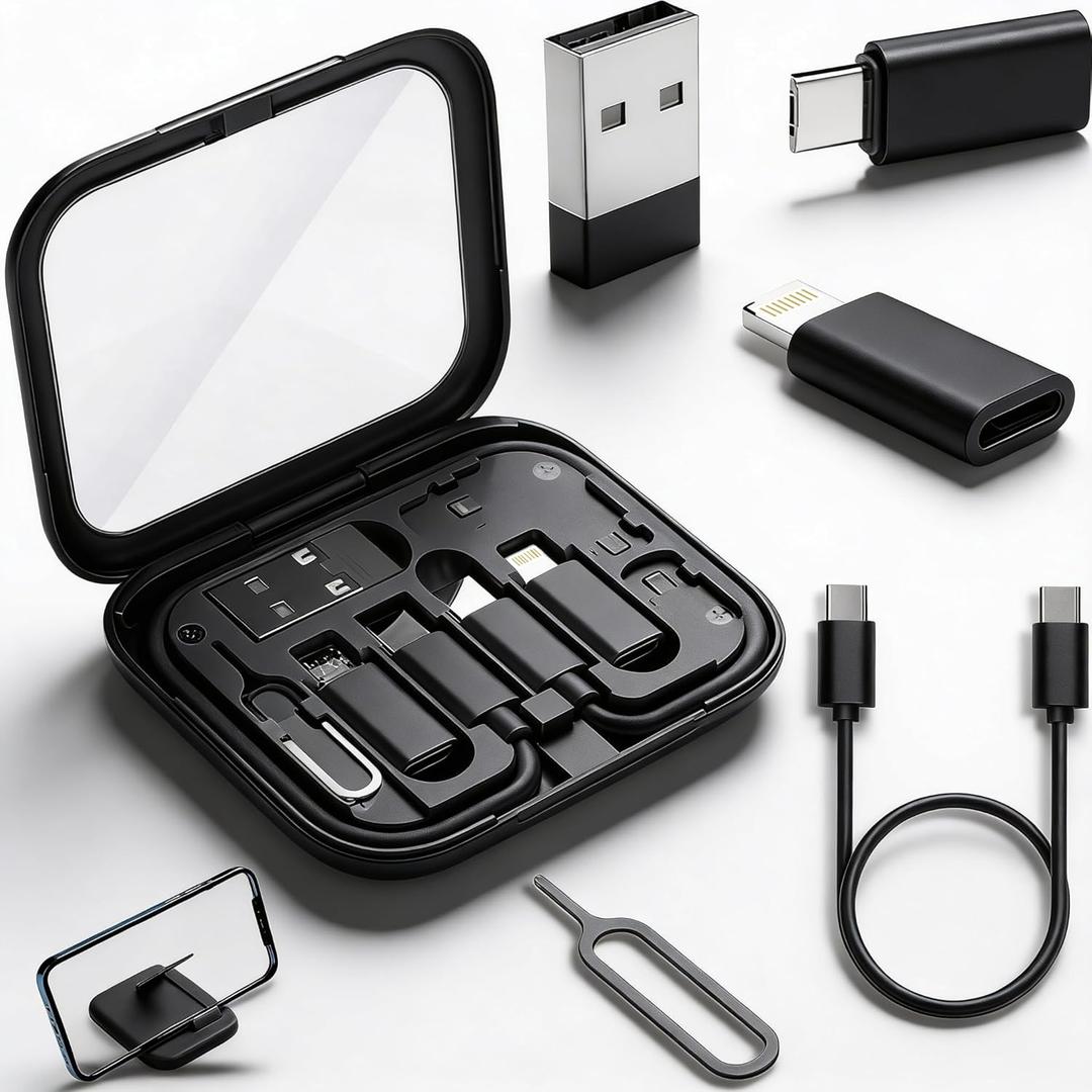 USB-C Travel Adapter Kit for iPhone, Pixel & Galaxy: USB-A to C, Micro-USB to C, Type-C to Lightning, Short USB-C Cable, OTG, Mirror Case (Black)