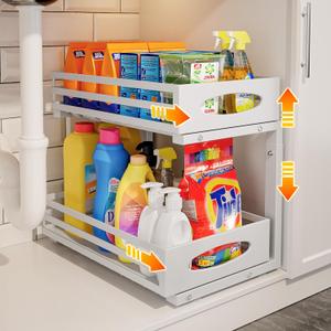 Under Sink Organizer, Pull Out Cabinet Organizers, Slide Sink Steel Shelf Cabinet Storage Shelves, Under Sink Storage for Kitchen Bathroom Cabinet (White, 1 Pack)