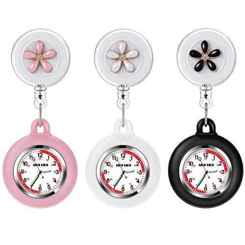 AGEN KGEN 3X Retractable Nurse Watch for Nurses Doctors, Clip-on Hanging Lapel Nurse Watch Silicone Cover Brooch Fob Pocket Watch Badge Reel (3 Pack)