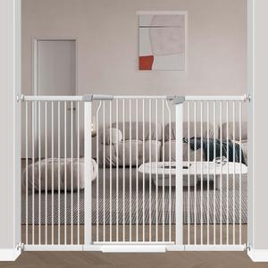 40.5" Extra Tall Baby Gate No Drill, 63"-65.7" Extra Wide Dog Pet Gate Indoor, Long Safety Child Gate, Metal Tension Auto Close No Climb Fence Pet Gate for Stairs Doorway, White