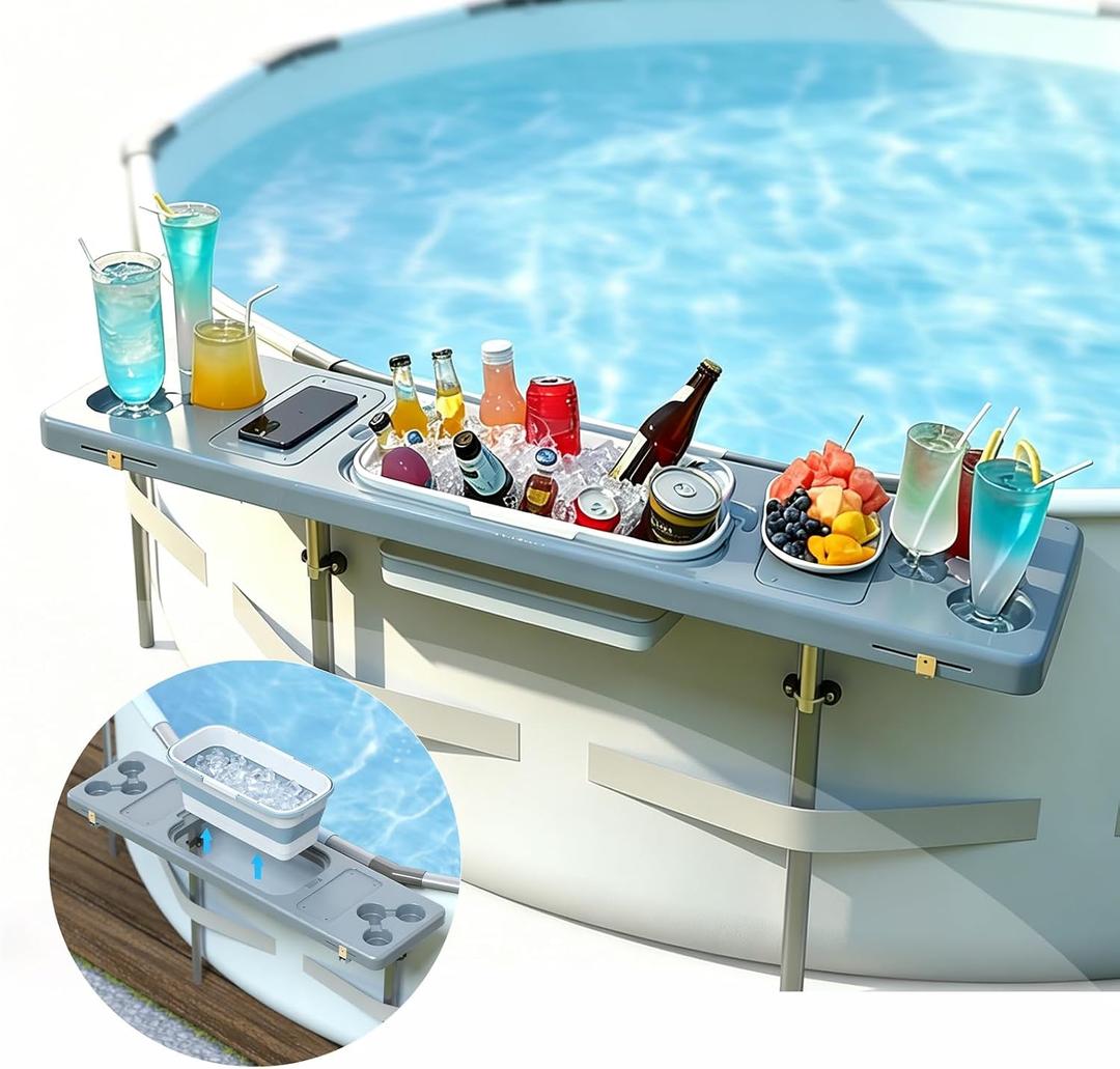 Pool Bar for Above Ground Pool - Poolside Bar with 6 Cup Holders & Ice Bin, 47.2"×11.8" Foldable Above Ground Pool Bar Table, Portable Swim Up Bar, Frame Above Ground Round Swimming Pools Accessories