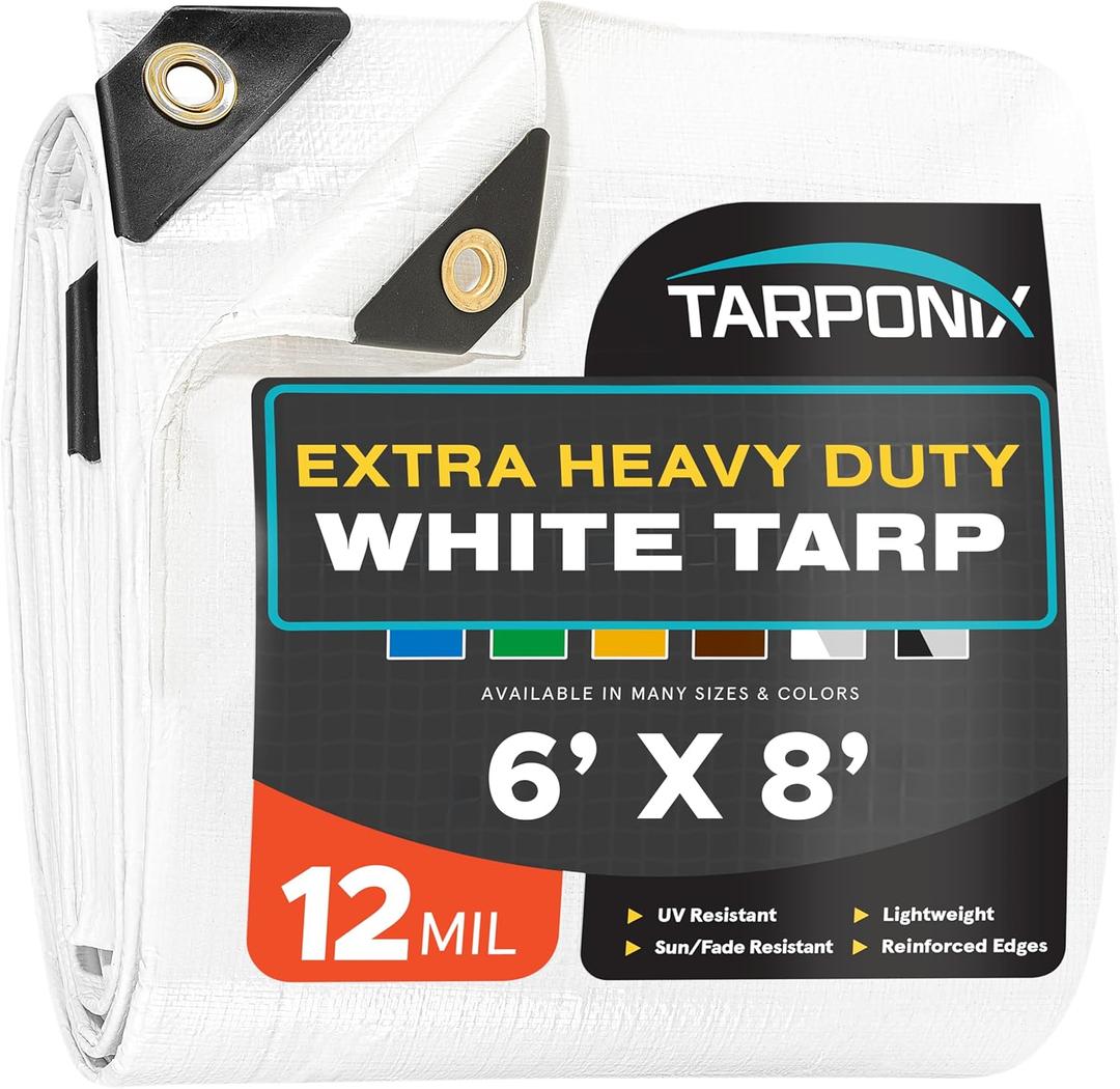 6' x 8' Extra Heavy-Duty White Poly Tarp  12 Mil Thick, Waterproof, UV-Resistant Polyethylene with Reinforced Edges, Double-Stitched Hems, and Rustproof Grommets