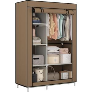 Calmootey Portable Closet Organizers, Clothing Storage, Wardrobe with 6 Shelves and Hanging Rod, Non-Woven Fabric Cover with 4 Side Pockets, Brown