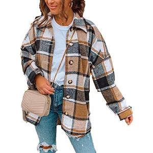 Yeokou Women's Plaid Flannel Shacket Oversized Button Down Long Sleeve Shirt Jacket Casual Spring Fall Outfits S