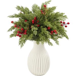 15 Pcs Christmas Artificial Pine Branches with Red Berry Stems, 18" Faux Evergreen Pine Cedar Stems, Fake Green Foliage Pine Needles Picks for DIY Craft Xmas Home Decor(15, Cypress & Berries)