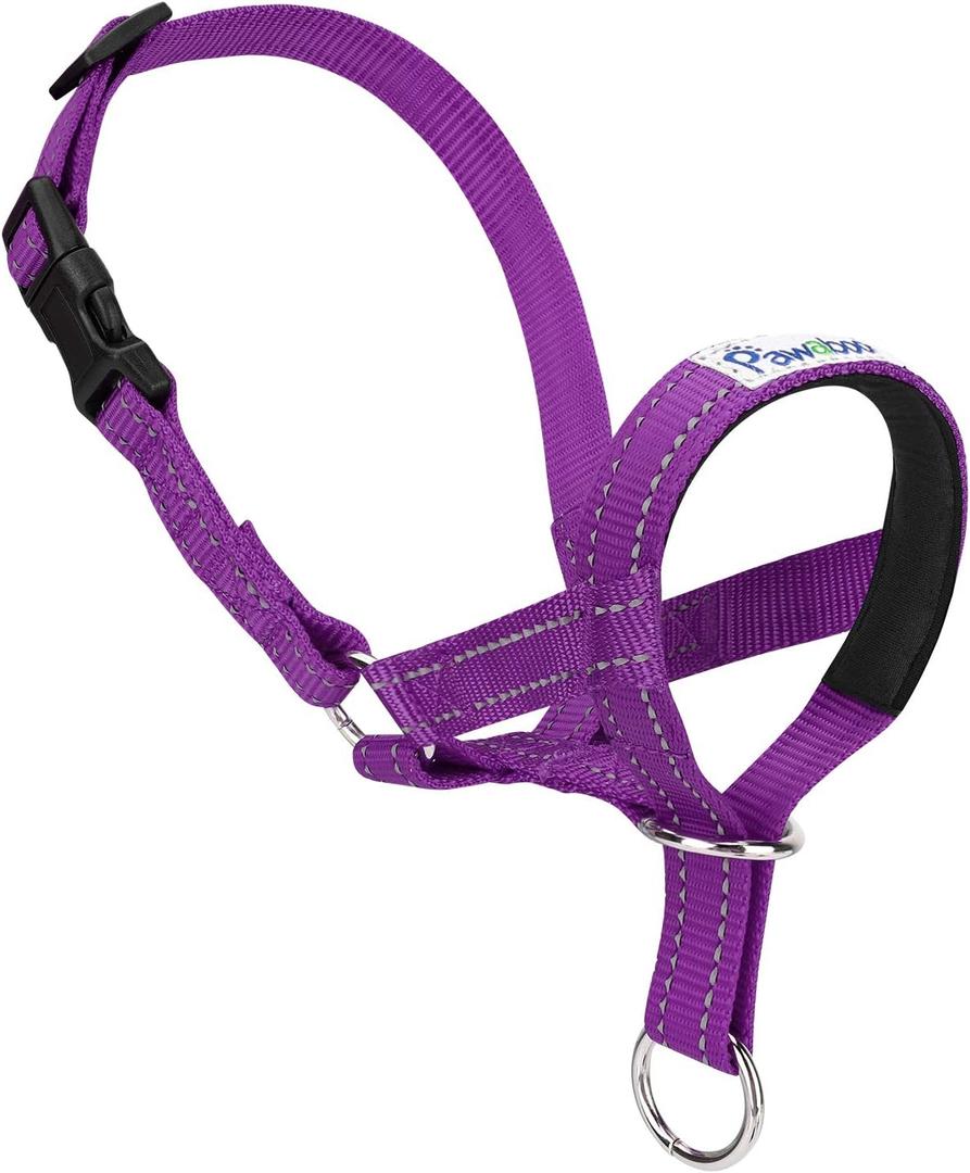 Pawaboo Dog Muzzle, Head Halter Collar for Dog, Pet Dogs Nylon Reflective Adjustable Loop Anti-Biting Barking Control Easy Fit Dogs Stops Pulling Head Leash, Small Size, Purple