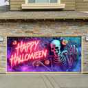 Halloween Garage Door Banner 13x6ft Neon Skeleton Decor Happy Halloween Sign Pumpkin Lantern Brick Wall Spider Web Spooky Party Decorations Creepy Backdrop Indoor Outdoor
