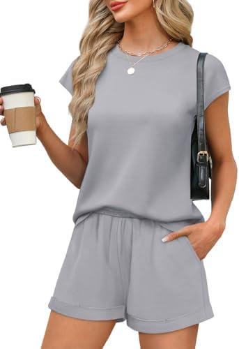 WIHOLL 2 Piece Sets for Women Casual Summer Travel Vacation Outfits Cap Sleeve Shorts Lounge Set, Large