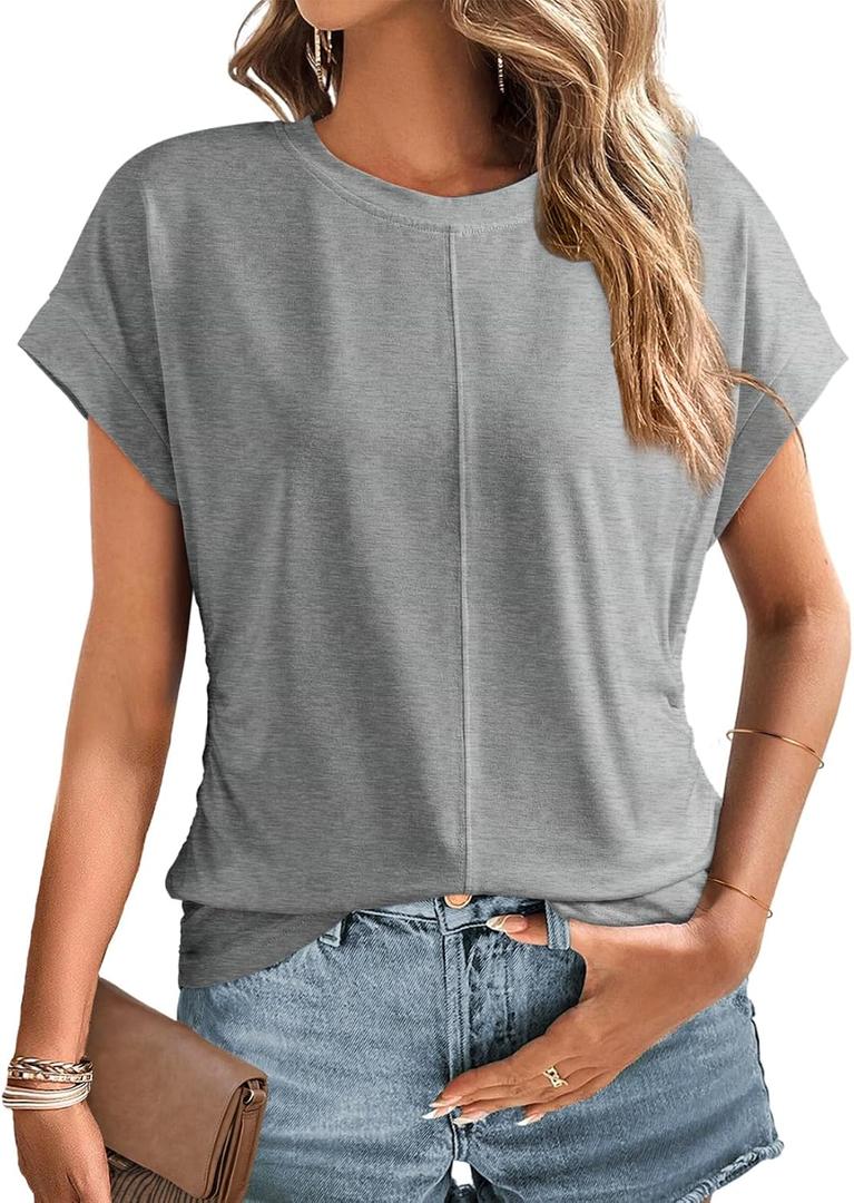 Dokotoo Spring Tops for Women 2025 Cap Sleeve Side Ruched Summer Tops for Women Trendy Women Clothing (Gray, XXL)
