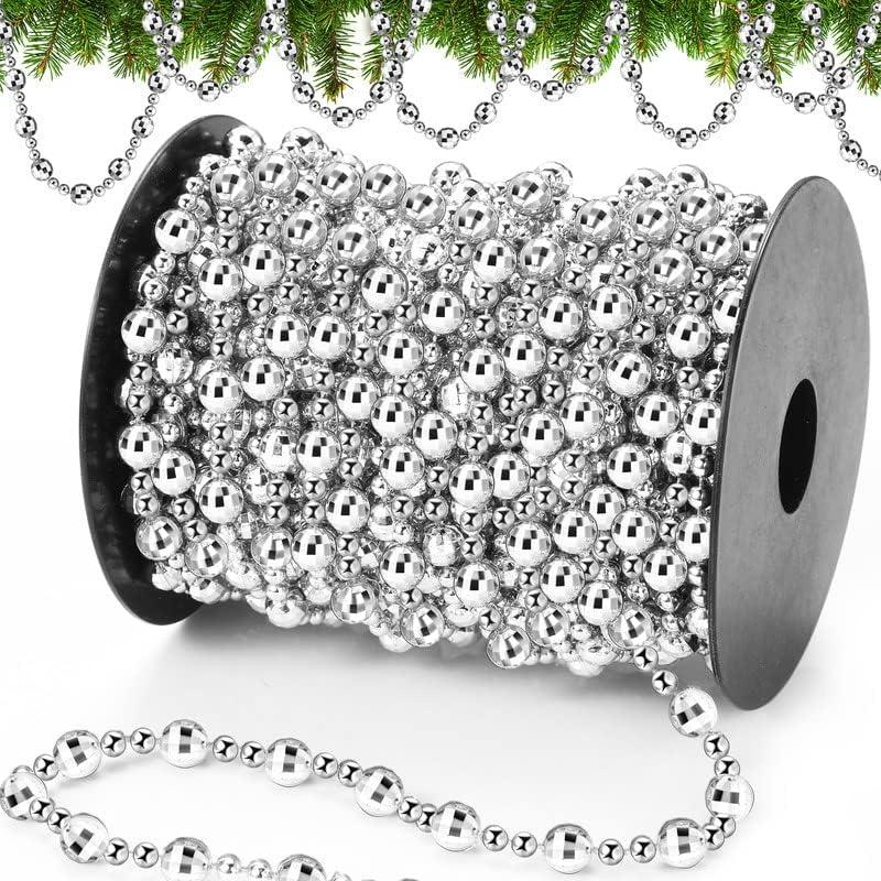Pangda 49 ft Beaded Garland for Christmas Tree Plastic Artificial Pearl Strands String Beads Trim Roll Chain for Xmas DIY Craft Party Decoration Table Centerpiece Wedding Bouquet(Silver)