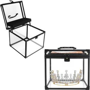 Pageant Crown Box Tiara Carrying Case Extra Large with Sash Holder Clear Acrylic Display Case,Toiletry and Cosmetic Organizer (Black, 230 * 230 * 200mm)