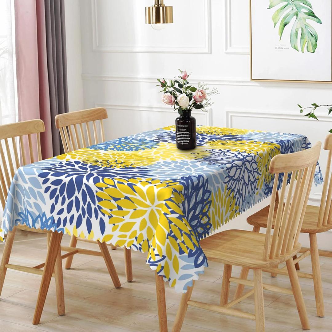 54x108inches Navy Blue Yellow Flowers Tablecloth Abstract Dahlia Floral Rectangle Table Cloth Modern Geometric Polyester Table Cover for Dining Room Kitchen Home Decor Banquet Party Supplies