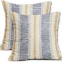 Blue Yellow Pillow Covers 18x18 Set of 2 Gray Grey Dot Print Striped Decorative Throw Pillows Outdoor Boho Rustic Pillowcase Farmhouse Linen Cushion Case Decor for Home Sofa Couch Bed