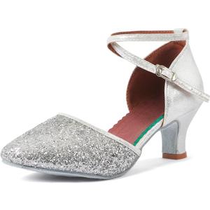 iCKER Womens Latin Dance Shoes Heeled Ballroom Salsa Tango Party Sequin Dance Shoes (8.5, Silver)