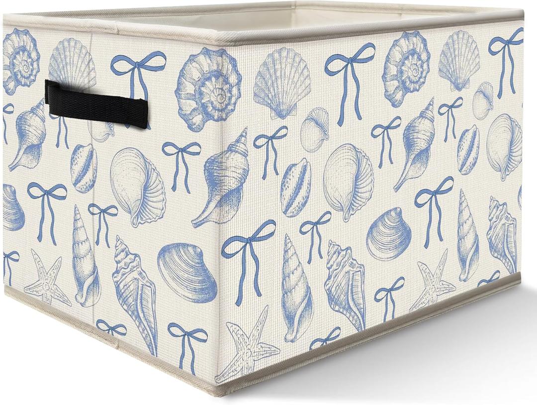 Nogrit Coquette Blue Bow Beach Storage Bins Box, Toybox for Girls, Preppy Coastal Seashell Foldable Baskets Organizer Container with Handles for Girls Bedroom Dorm Bathroom Clothes Toys Books
