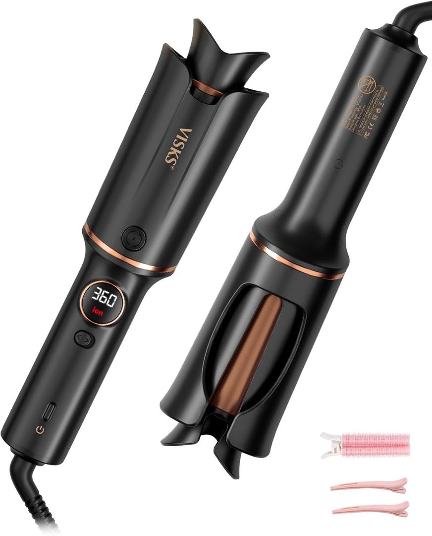 Automatic Rotating Curling Iron  VISKS V668 Pro Ceramic Hair Curler with Keratin-Coated Barrel, Digital Temperature Display, Anti-Scald, 590M Ionic, Tangle-Free, Dual Voltage, 1.5 Inch (Black)