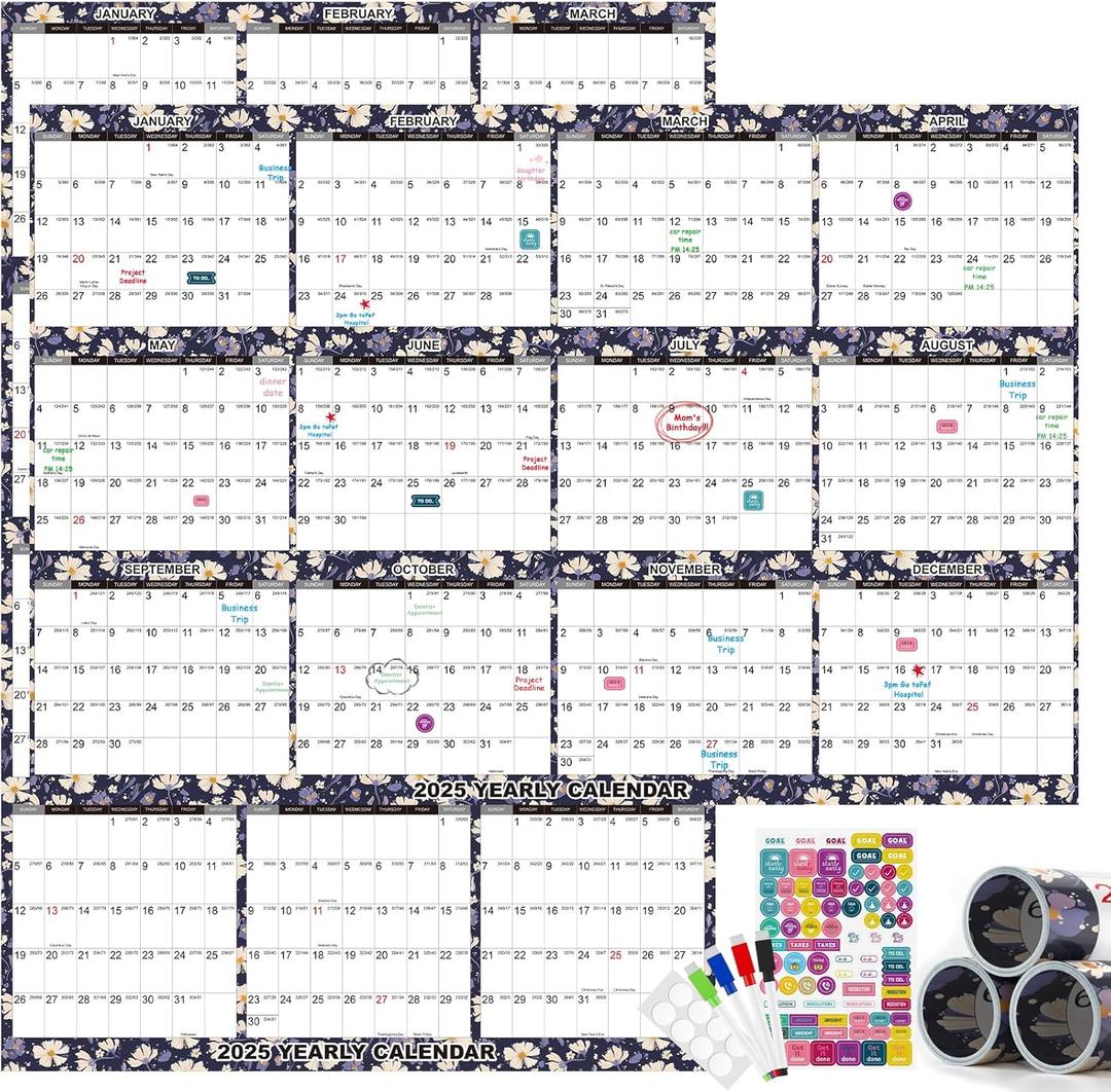 32" x 48" 2025 Wall Calendar Erasable Large Wet & Dry Erase Laminated 12 Month Annual Yearly Wall Planner,JAN 2025 - DEC 2025, Reversible, Horizontal/Vertical with Markers & Planer Stickers (Dark Blue Flower)