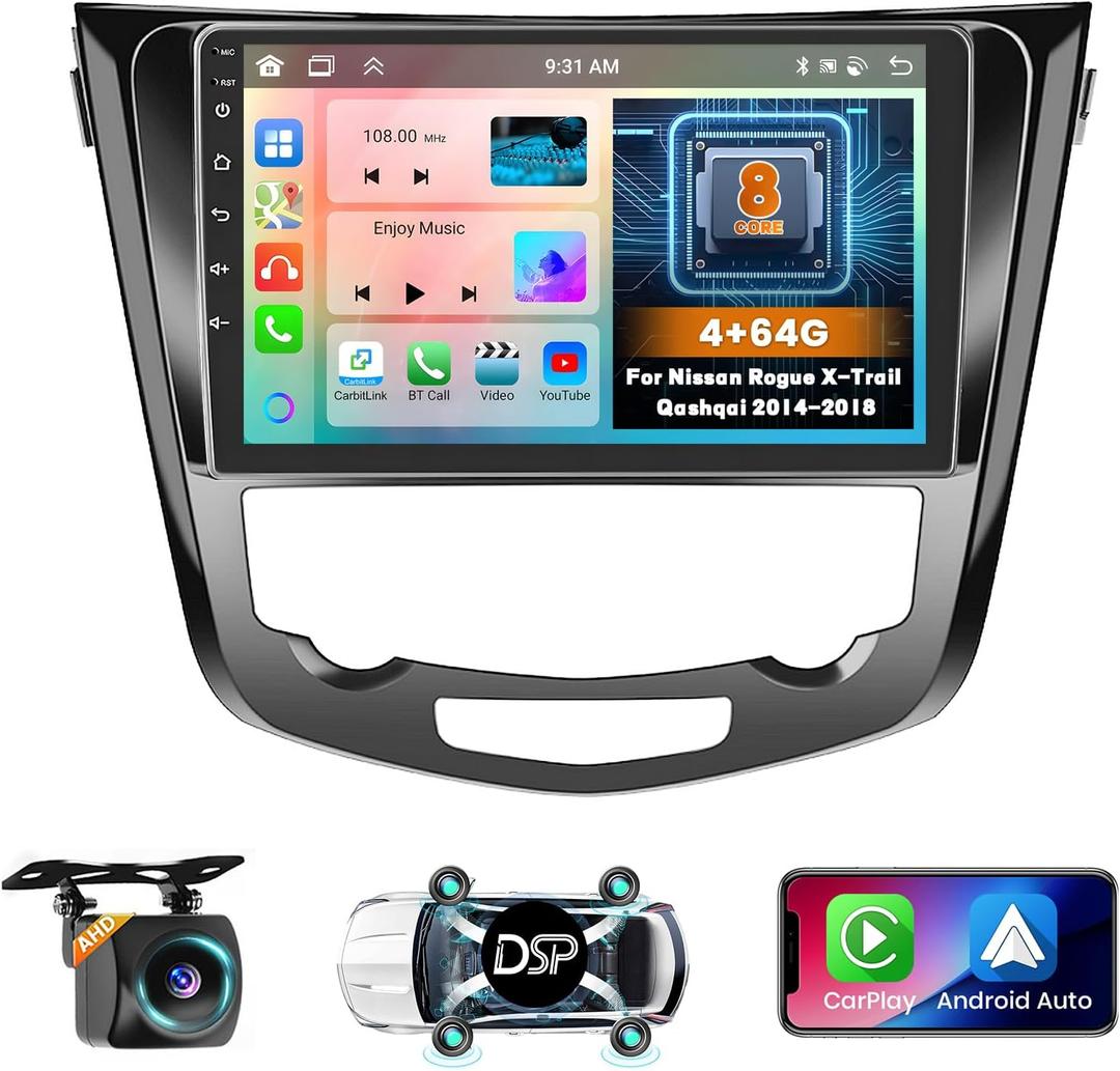 Hikity 8 core 4+64G Android 15 Car Radio for Nissan Rogue X-Trail Qashqai 2014-2018 Stereo, 10.1 inch Screen with Wireless CarPlay Android Auto GPS Navigation WiFi Bluetooth Mirror Link DSP FM RDS