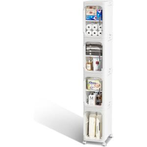 JOYZAN Narrow Bathroom Storage Cabinet with Movable Wheels, Slim Storage Cabinet with 4 Doors & Removable Panel, Skinny Bathroom Organizers and Storage for Small Space, Corner, Kitchen, Laundry