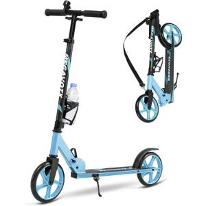 Kids & Adults Kick Scooter  2 or 3 Wheel Options (LED on 3-Wheel) for Outdoor Fun & Commuting, Foldable and Portable, Adjustable Handle, Anti-Slip Deck (Ages 3 to Adult),Birthday Gift (Blue(with CupHolder))