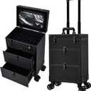 Professional 3 in 1 Rolling Makeup Case Cosmetology Case on Wheels 2 Large Drawer Nail Case Trolley Traveling Cosmetic Train Case with Makeup Pouch for Artists Nail Technician Salon Cart Trunk Black 