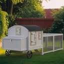 Large Chicken Coop, Wooden Chicken Coop for 3 4 5 Chickens, 106in Outdoor Hen House with Run, Waterproof Roof, Nesting Box, Pull Out Trays and Ramp, White