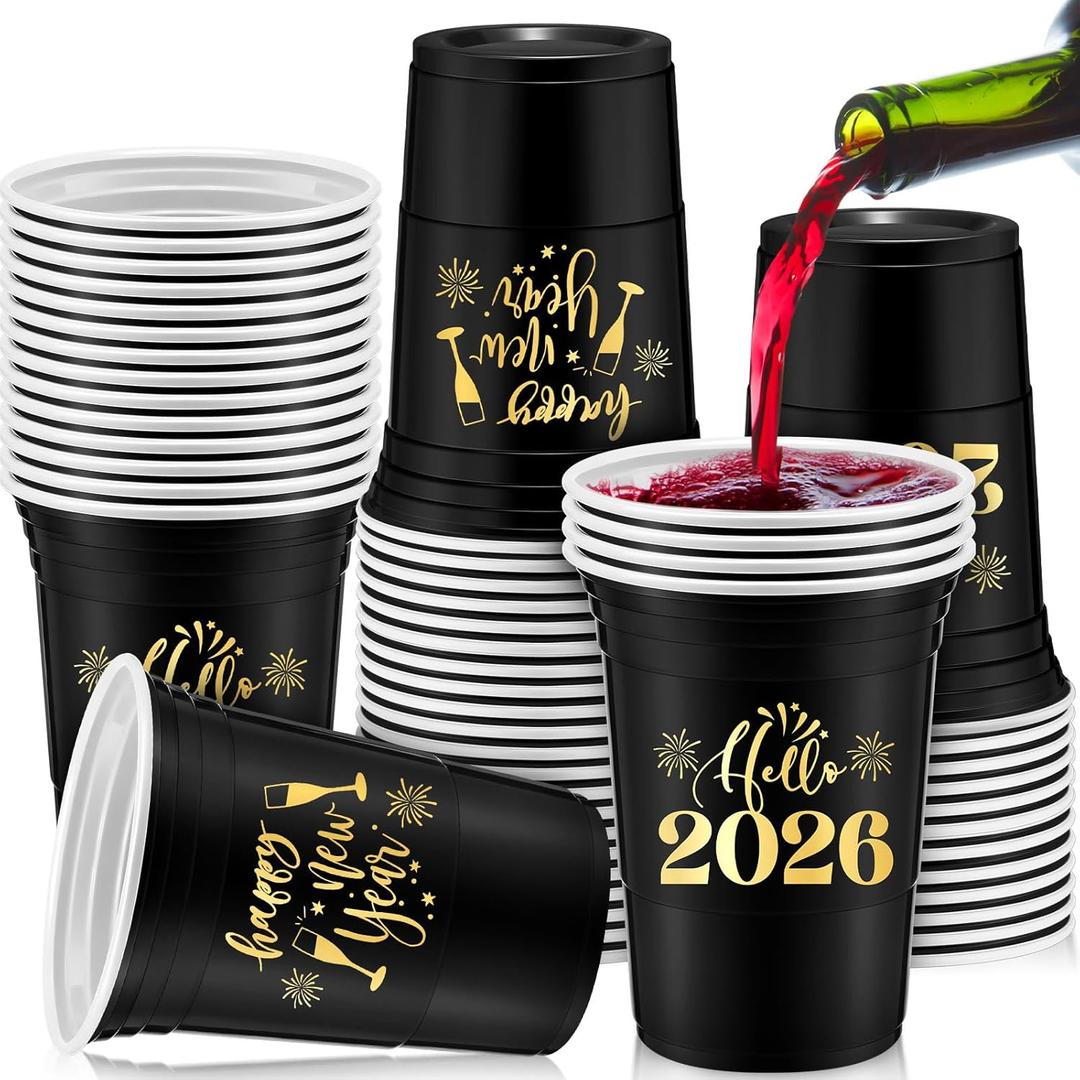 Mifoci 100 Pack Happy New Year Disposable Thick Cups 16oz Happy New Year 2026 Holiday Cups Decorations for Festive Party Favors Eve Party Supplies, Gold and Black