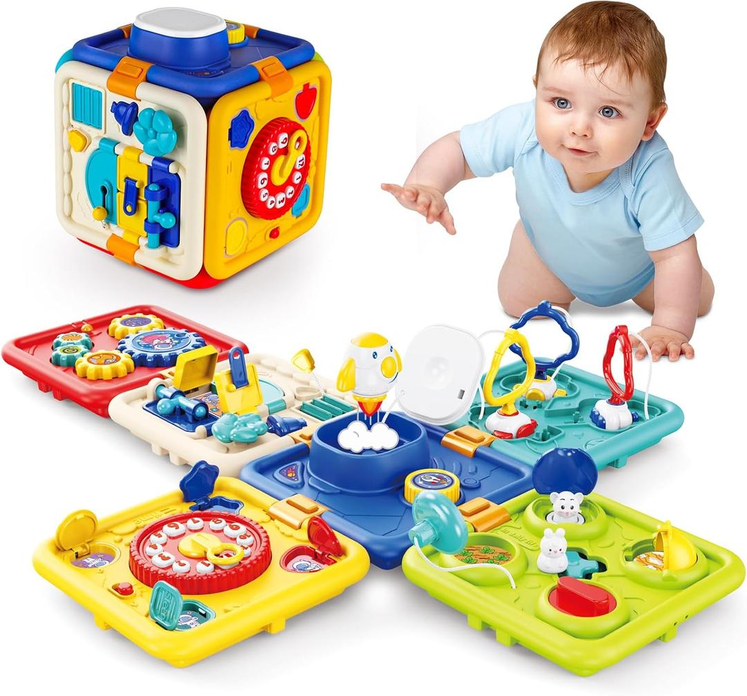 Busy Board for 1+ Year Old Girl & Boy Gifts, Montessori Toys for 1 2 3 4 Year Old Toddler, 6-in-1 Educational Early Development Toys for Toddlers 2-4, Christmas, Birthday Gift for 1-4 Year Old Kids