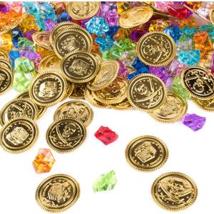 Super Z Outlet Pirate Plastic Gold Colored Coins Buried Treasure and Pirate Gems Jewelry Playset Activity Game Piece Pack Party Favor Decorations (120 Coins + 120 Gems)
