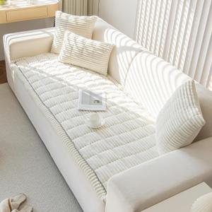 Plush Sofa Cover Washable, Cozy and Soft Faux Fur Couch Covers, Non Slip Fuzzy Furry Sofa Mats for Babies Pets(White/28x94 in/5-Seater Sofa Cover)