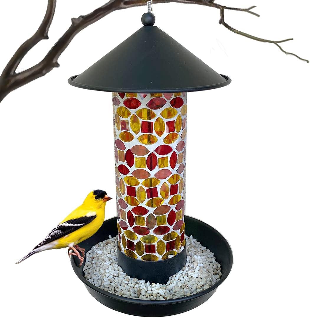 Lily's Home Mosaic Glass Hanging Bird Feeder for Outside Wild Birds. with Short Perches for Small to Medium Birds. Deter Grackles, Dove and Blackbirds - Cardinal Feeders for Outdoors. Outdoor Decor (Orange)