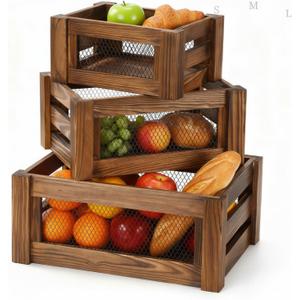 Kathfly Set of 3 Rustic Nesting Crates, Wooden Organizer Boxes Basket, Small Decorative Wood Wire Containers with Handle for Countertop Display, Fruit, Veggies, Kitchen, Bathroom, Pantry Storage