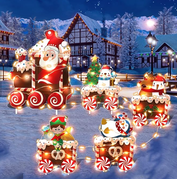 Christmas Train Decorations Yard Signs with LED Lights - Christmas Tree Snowman Train Set Lawn Signs with Stakes for Holiday Xmas Lawn Garden Yard Decorations Outdoor, 5 Pack