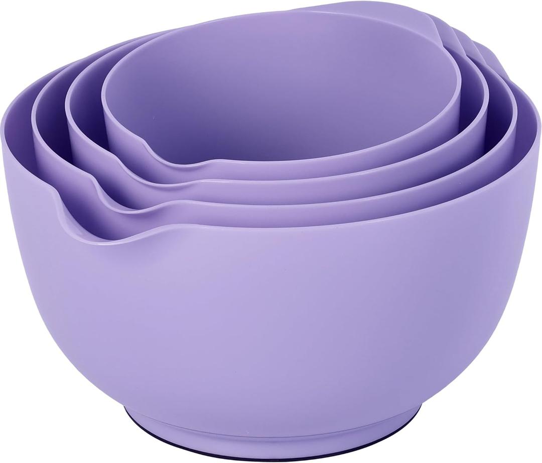 BoxedHome Nesting Plastic Mixing Bowl Set, 4 Piece Mixing Bowl Set with Pour Spouts, Size 1.7, 2.5, 3.5 and 4.5qt, for Prepping, Mixing, Baking, Cooking (2023 New Version, Purple)