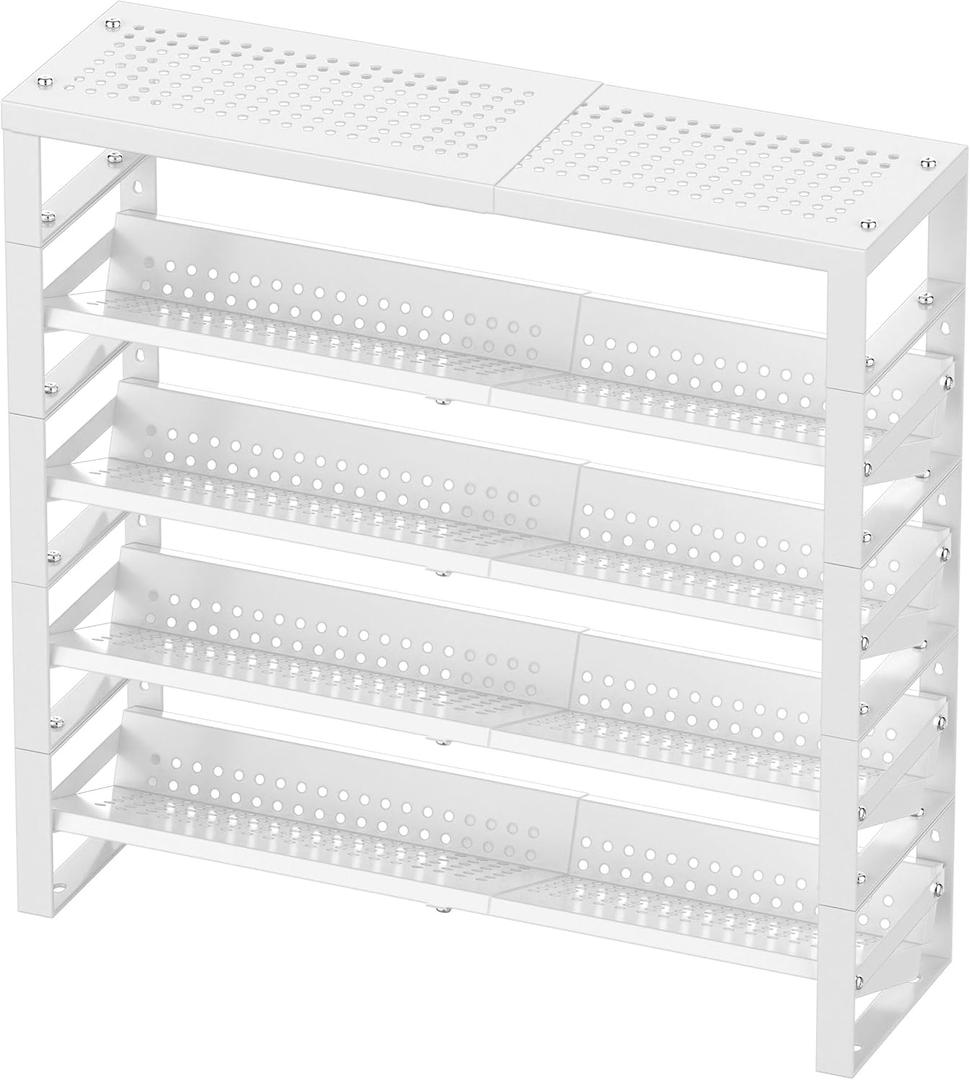 Jojocross Expandable, Stackable, Adjustable Spice Rack kitchen Organizer,Metal Pantry Storage Shelves - Multi-Tier Shelf for Cabinet, Countertop, Pantries, Cupboard or Wall Mount,White (4 inclined shelves /1 flat top shelf)