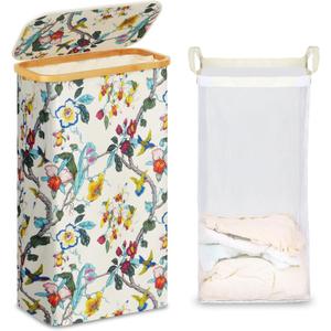efluky Slim Laundry Basket with Lid, Narrow Laundry Hamper with Removable Bag, Skinny Dirty Clothes Basket with Bamboo Handles for Bathroom, Bedroom & Laundry Room, 75L Floral